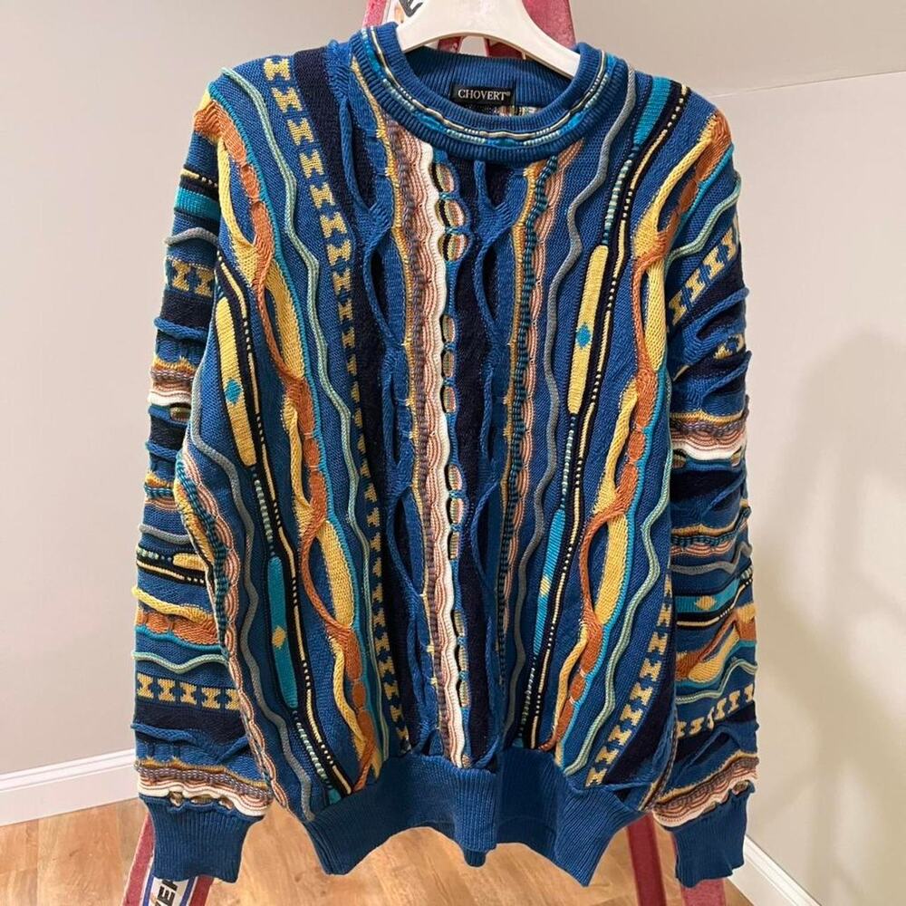 Chovert Coogi Style Sweater Blue Cotton Knit Jumper Large Cotton Quiet Luxury - Picture 3 of 7